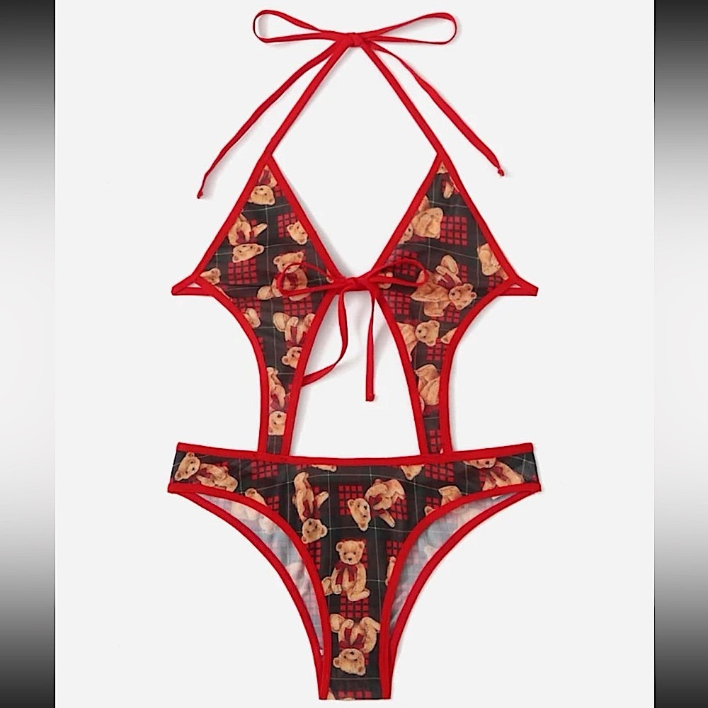 Bear Print Black Red Cut Out Tie Teddy Bodysuit Size Large